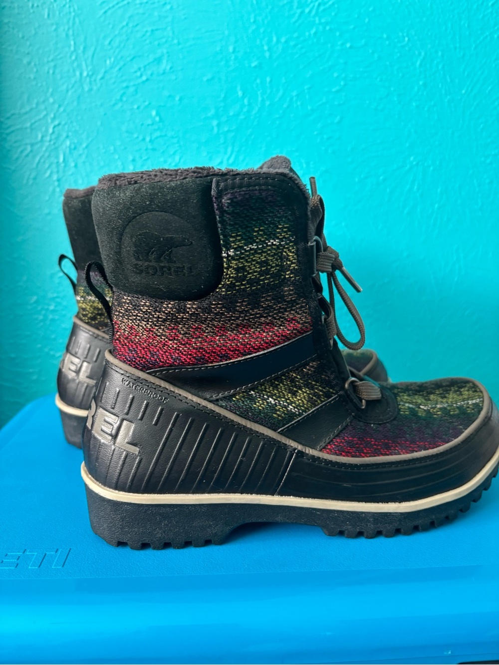 Sorel Women's Multicolored Knit and Black Rubber Lace-Up Boots